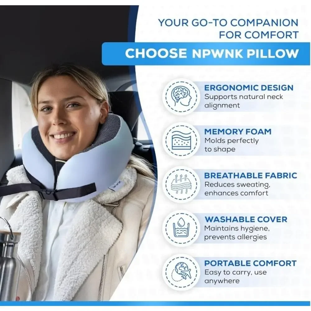 NPWNK Memory Foam Travel Neck Pillow w/ Eye Mask & Case – Grey/Blue